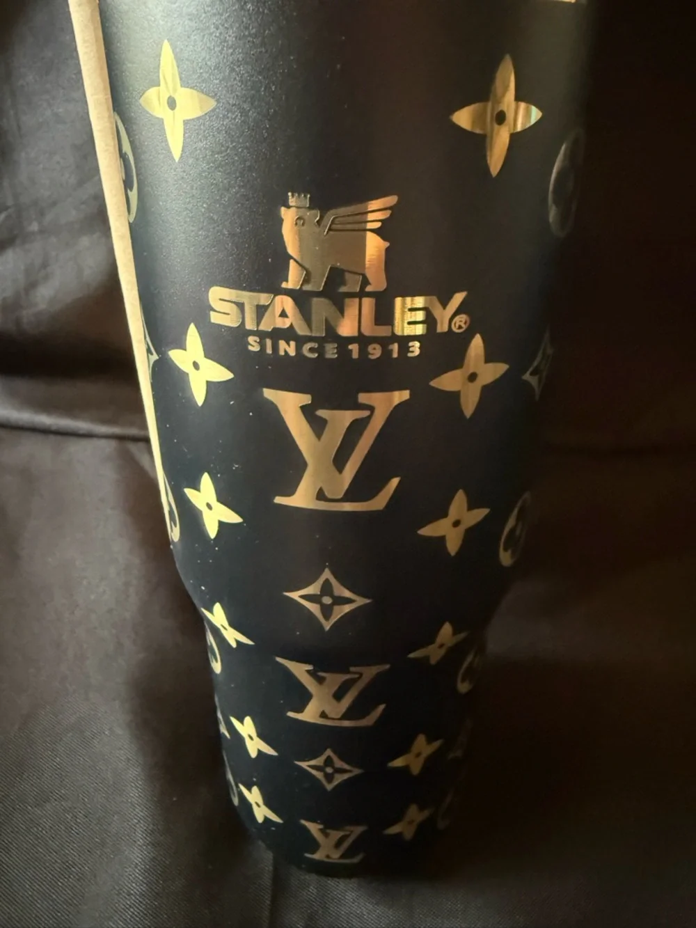 New Stanley 30oz Laser LEngravedVMonogram Black & Gold Travel Tumbler - Picture 2 of 5